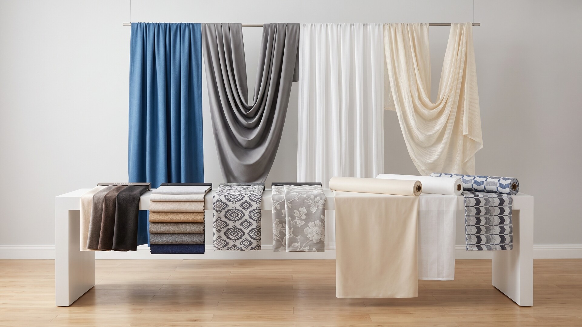 Draped curtain fabrics, sheer panels, geometric prints, and swatch books